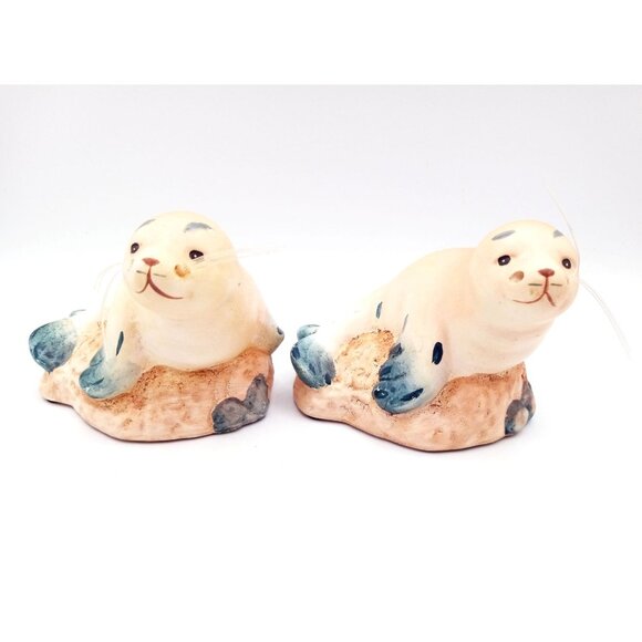 Sea Lions Figures Pair Vintage Playful Ceramic 4.5 Inch Nautical Life Decor - Picture 1 of 16